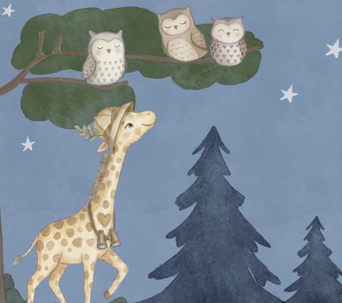 Gigi looking up at three owls under the night sky