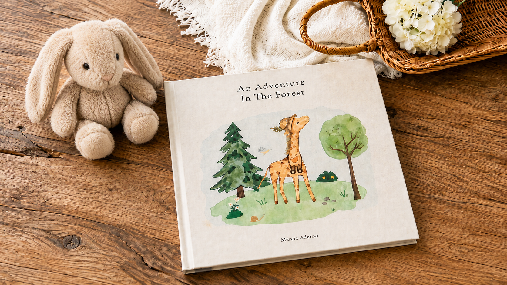 An Adventure In The Forest hardcover on wood, with a plush bunny and a flower basket