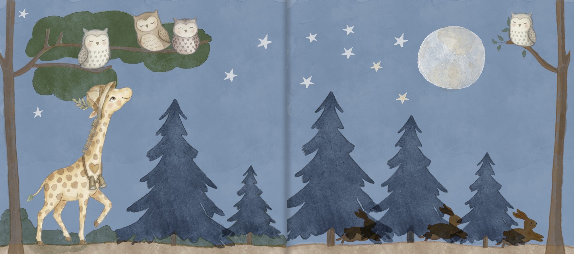 A spread from the book: Gigi looking up at three owls, and the moon and stars over the forest