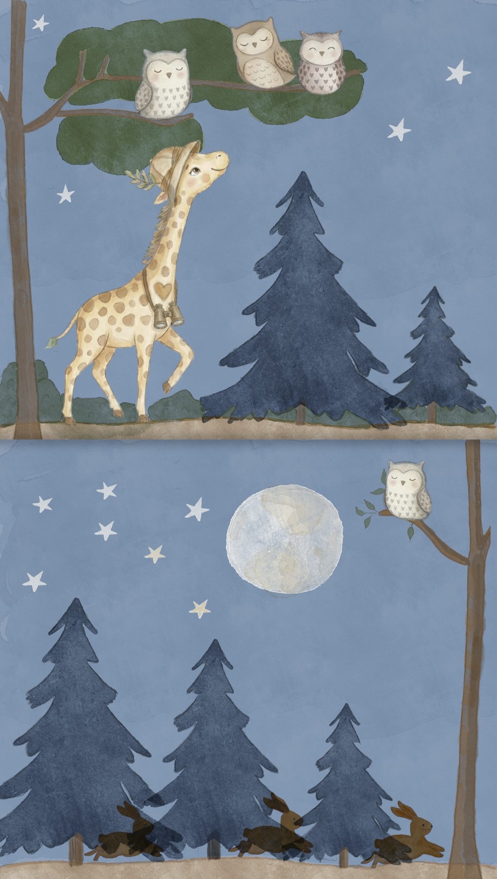 Two pages from the book: Gigi looking up at three owls, and the moon and stars over the forest